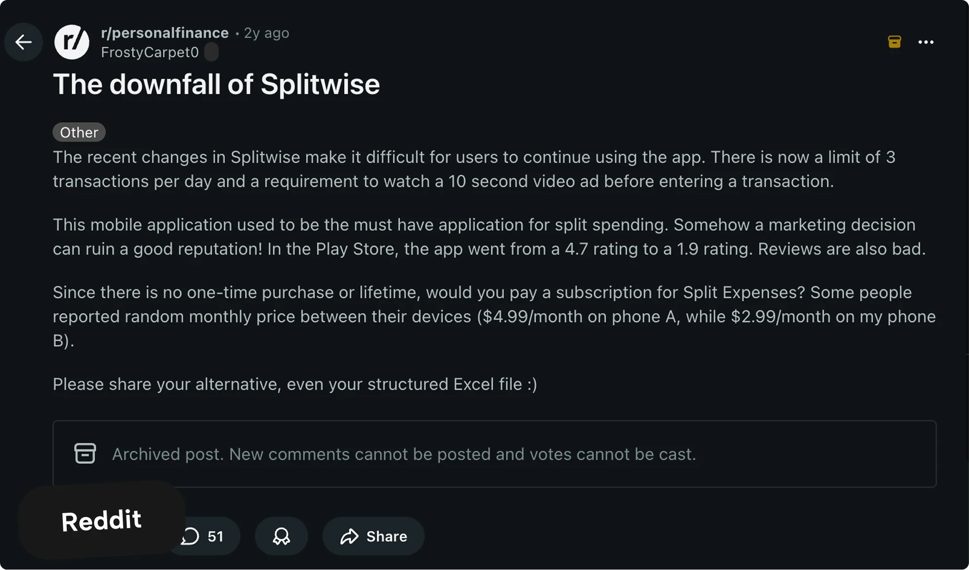 Reddit post criticizing Splitwise