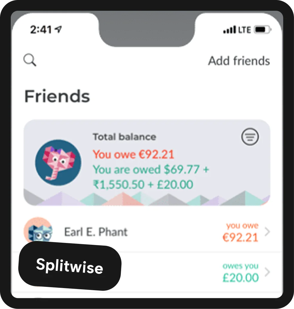 Splitwise app friends screen showing owed balances