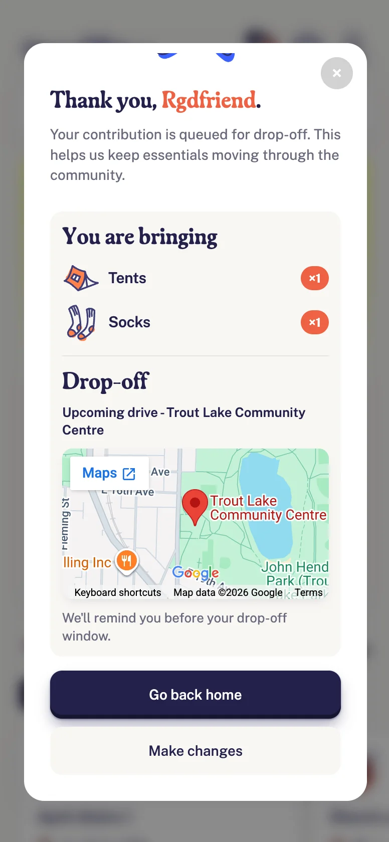 Donation confirmation screen