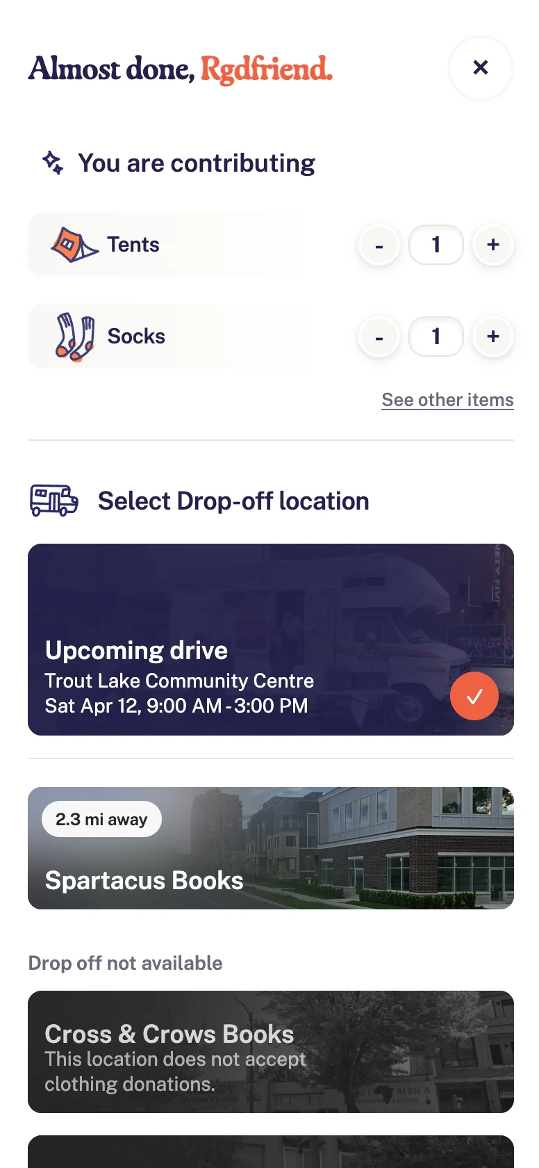 Drop-off modal screen
