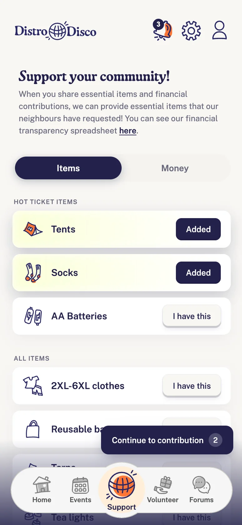 Donation page and item selection screens