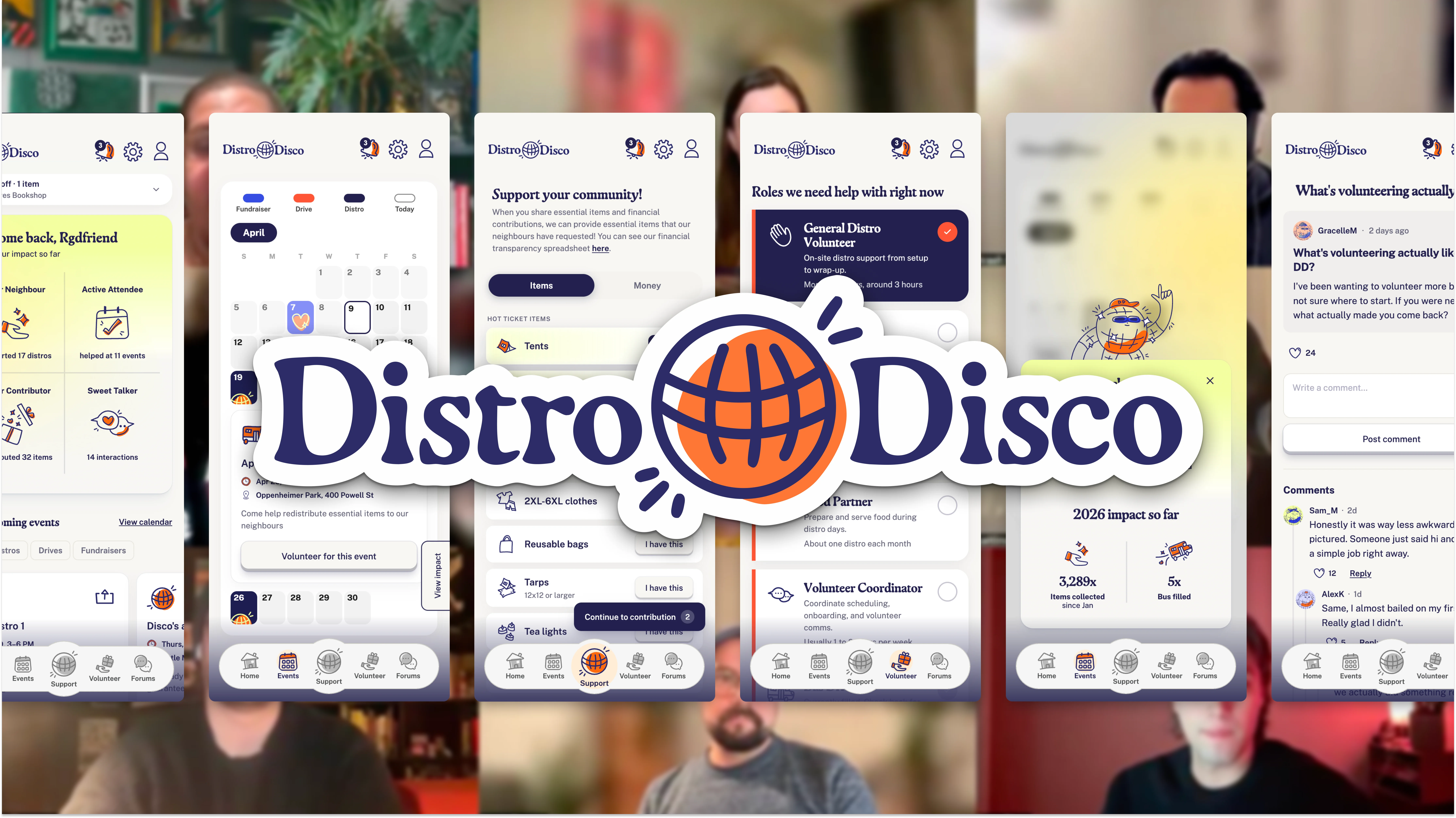 Distro Disco mobile app prototype showing events, donations, and community features