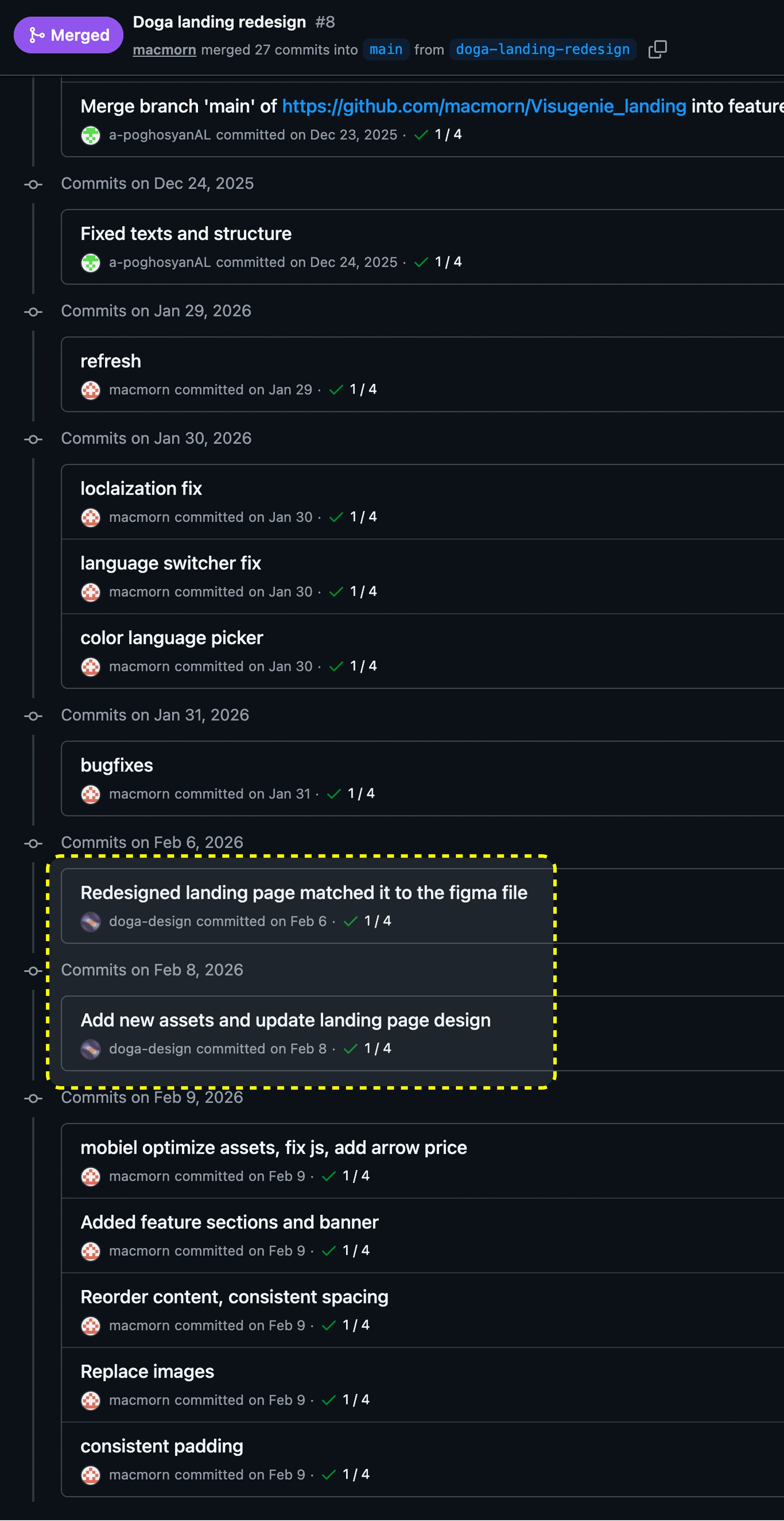 GitHub pull request for the Visugenie landing page handoff
