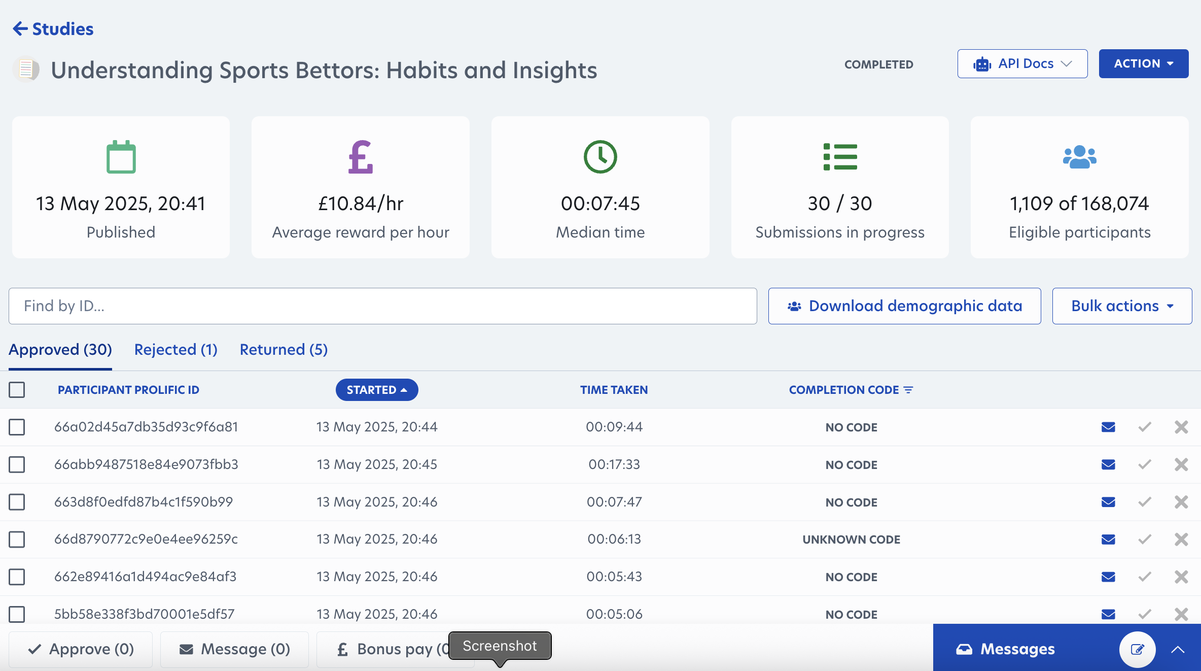 Prolific survey platform screenshot